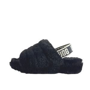 UGG Fluff Yeah Black Faux Fur Strap Logo Slingback Slippers Slides Sandals Sz 6